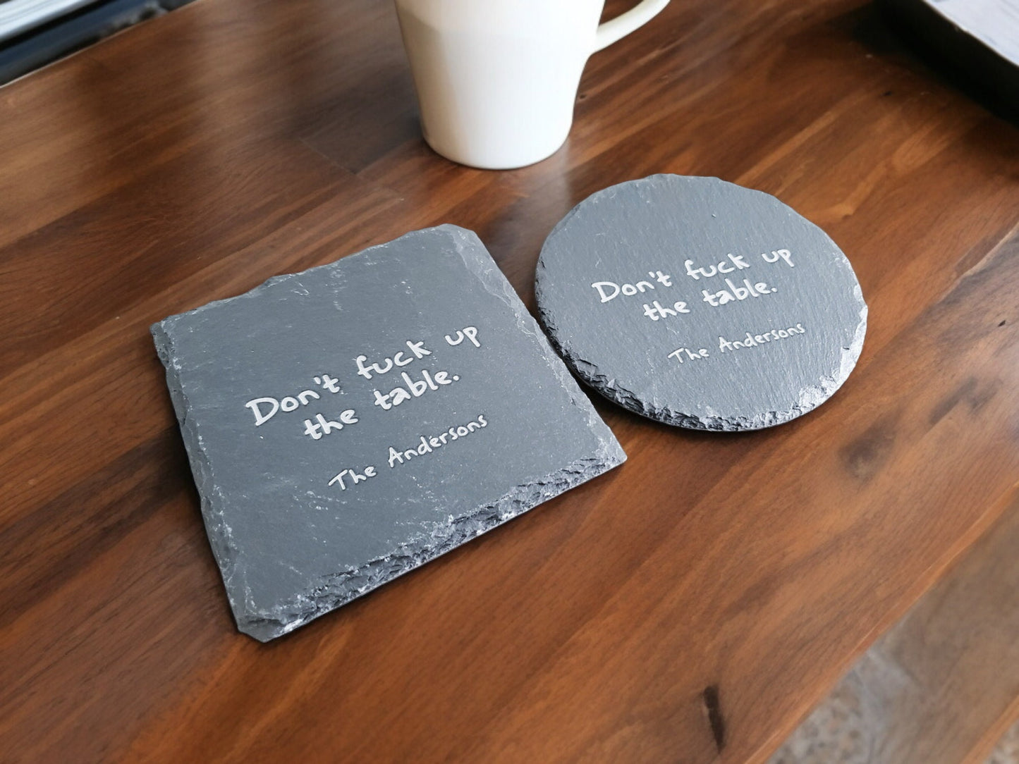 Don't F*** Up The Table Coasters, Deep Laser Engraved Stone, Personalized With Custom Text, Custom Engraved Slate Coaster