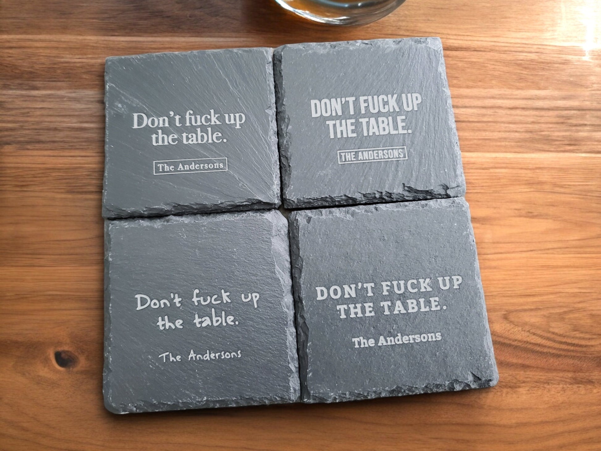 Don't F*** Up The Table Coasters, Deep Laser Engraved Stone, Personalized With Custom Text, Custom Engraved Slate Coaster