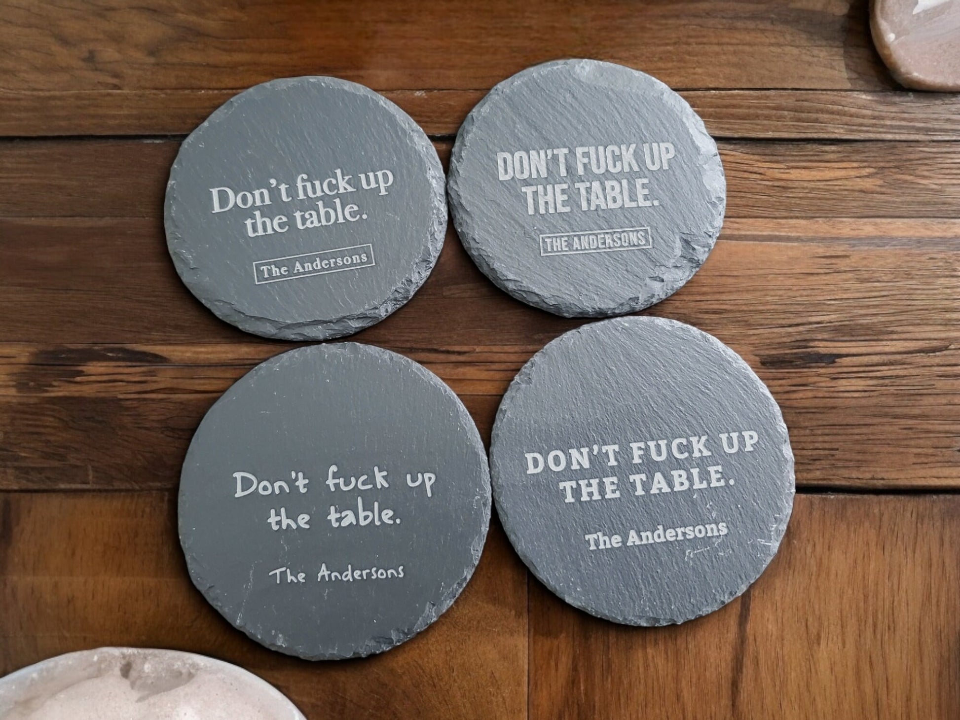 Don't F*** Up The Table Coasters, Personalized With Custom Text, Custom Engraved Slate Coaster