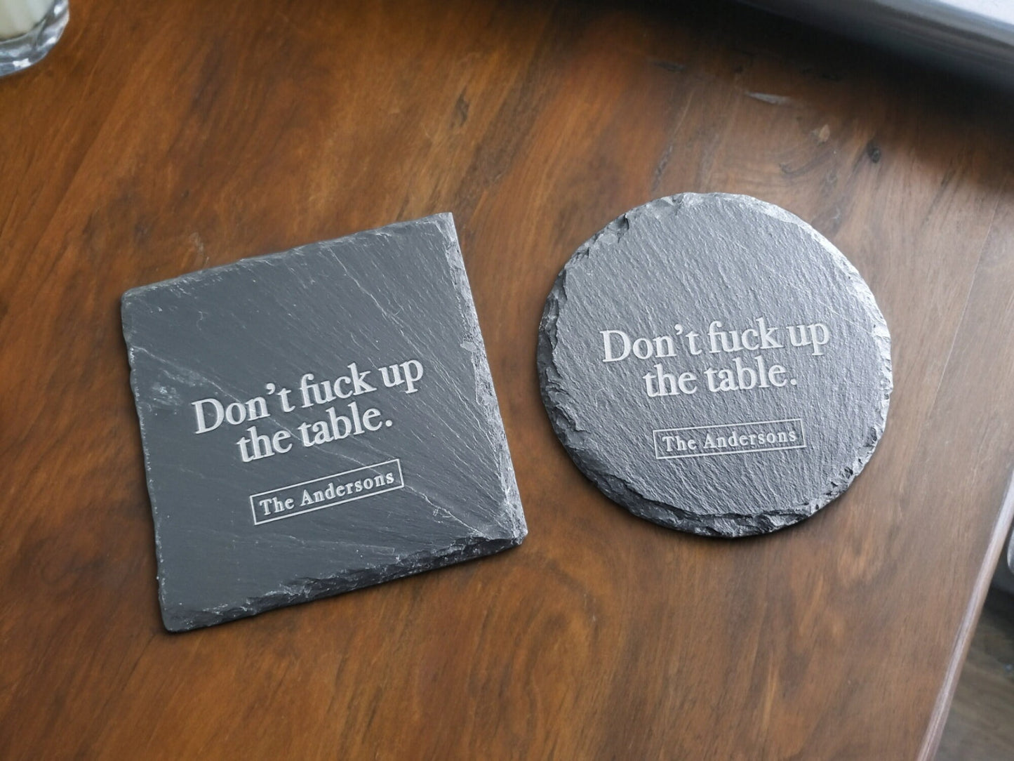 Funny Housewarming Gift, Don't F*** Up The Table Coasters, Engraved Stone, Personalized Text, Custom Slate Coaster