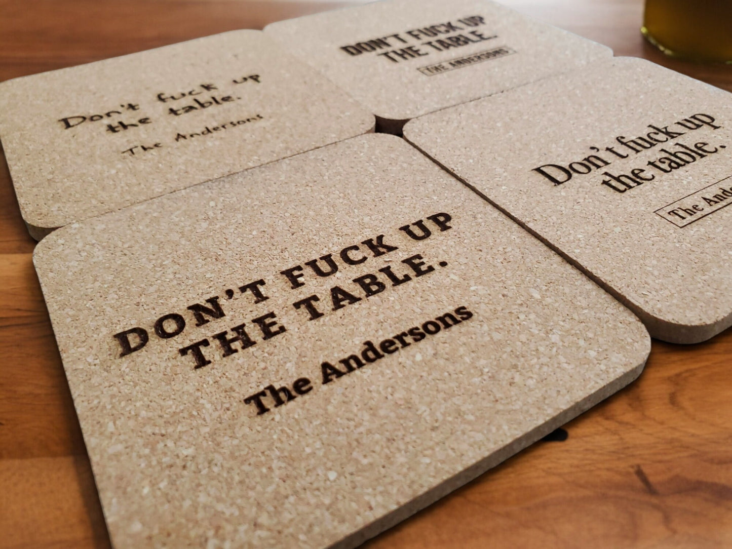 Housewarming Present, Don't F*** Up The Table Coasters, Laser Engraved Cork, Personalized With Custom Text, Custom Engraved Cork Coaster