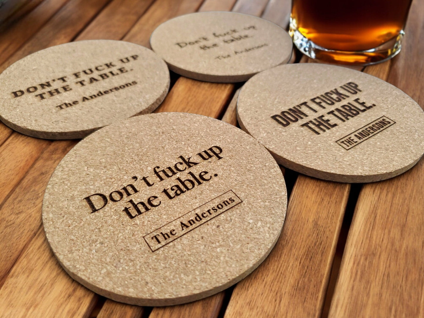 Housewarming Present, Don't F*** Up The Table Coasters, Laser Engraved Cork, Personalized With Custom Text, Custom Engraved Cork Coaster