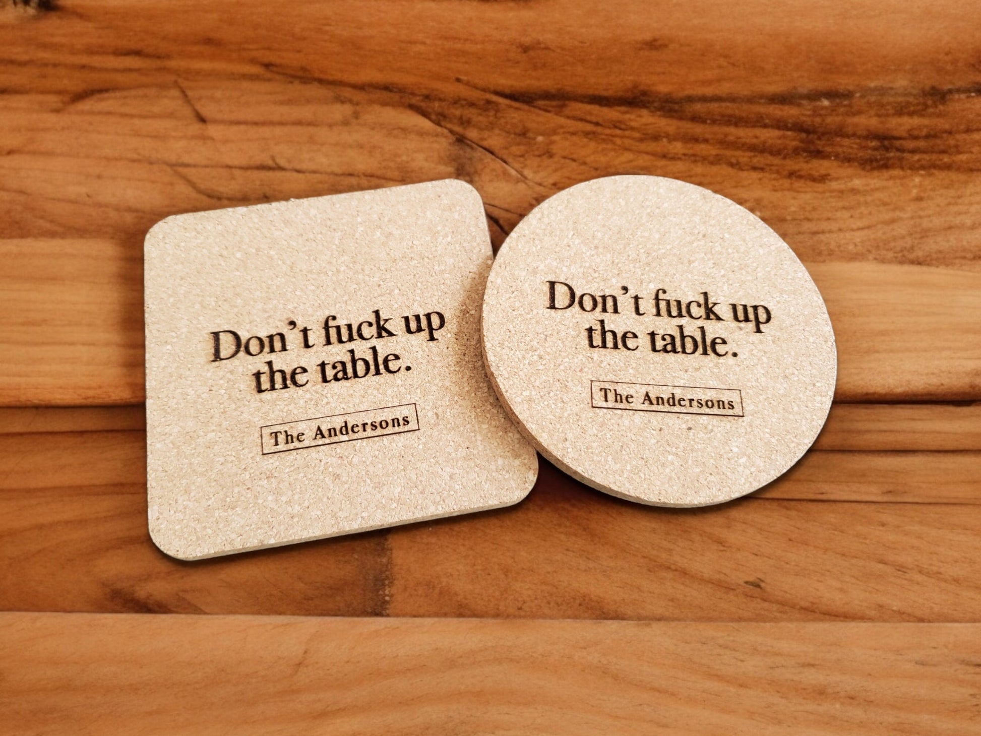 Housewarming Gift, Don't F*** Up The Table Coasters, Engraved Cork, Personalized With Custom Text