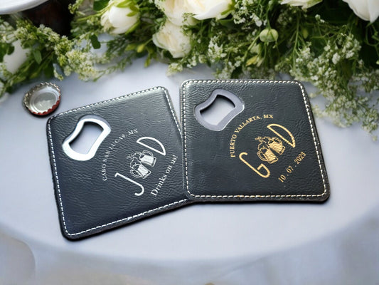 Wedding Favors, Wedding Coaster Bottle Openers, Wedding Guest Favors, Wedding Guest Gifts, Custom Leatherette Bottle Opener Coasters