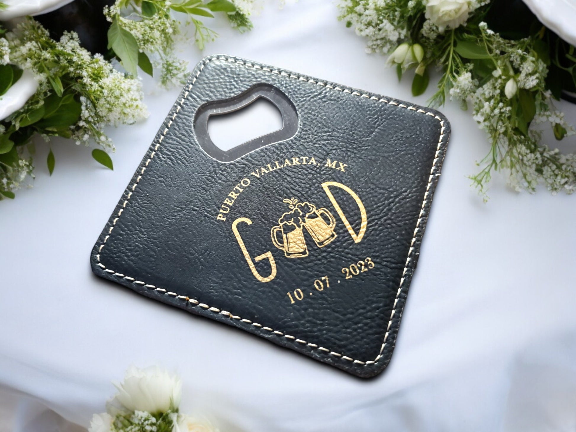 Wedding Favors, Leatherette Bottle Opener Coasters, Custom Wedding Guest Gifts