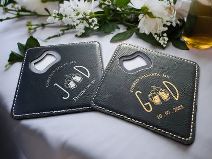 Wedding Favors, Leatherette Bottle Opener Coasters, Custom Wedding Guest Gifts