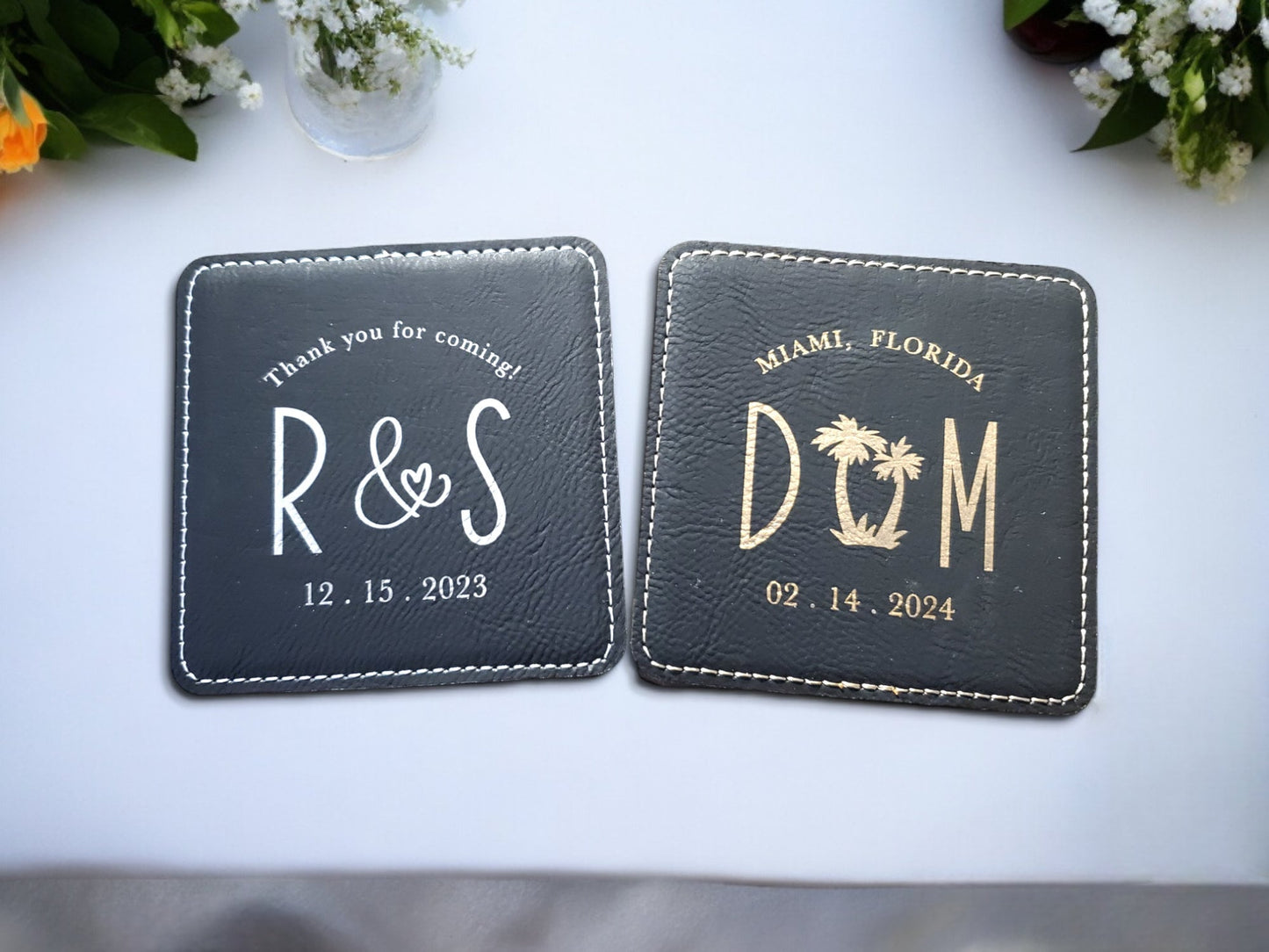 Gold & Silver Coasters, Wedding Favors, Laser Etched Wedding Coasters, Wedding Guest Favors, Wedding Guest Gifts, Leatherette Coasters