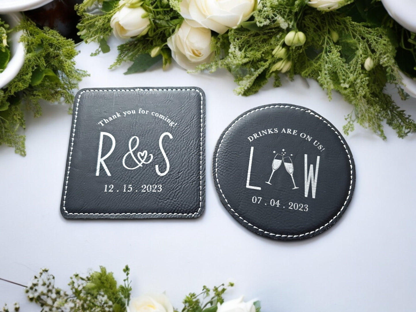 Gold & Silver Coasters, Wedding Favors, Laser Etched Wedding Coasters, Wedding Guest Favors, Wedding Guest Gifts, Leatherette Coasters