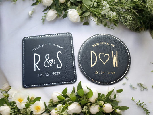 Gold & Silver Coasters, Wedding Favors, Laser Etched Wedding Coasters, Wedding Guest Favors, Wedding Guest Gifts, Leatherette Coasters