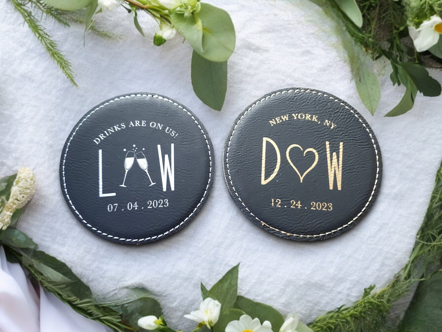 Gold & Silver Coasters, Wedding Favors, Laser Etched Wedding Coasters, Wedding Guest Favors, Wedding Guest Gifts, Leatherette Coasters