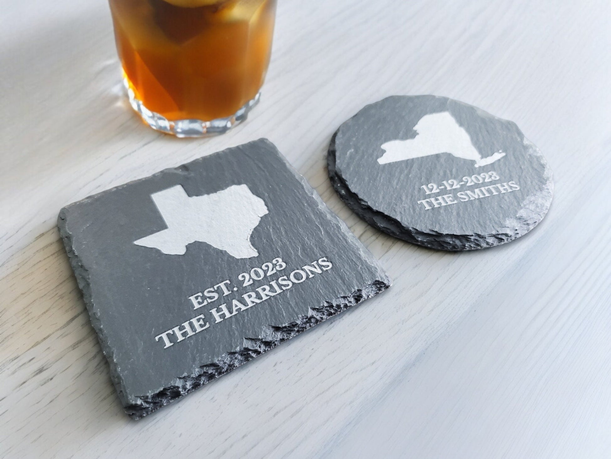 Laser Engraved State Coasters, Personalized Custom Text, Housewarming Gift For Couples, Slate Coaster