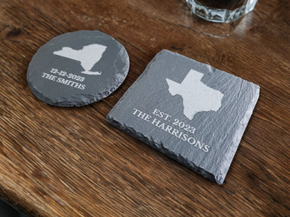 Laser Engraved State Coasters, Personalized Custom Text, Housewarming Gift For Couples, Slate Coaster