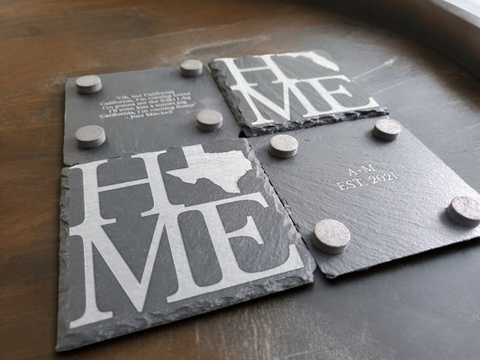 HOME State Coasters With Personalized Message On The BOTTOM, Custom Laser Engraved Square Slate Coaster