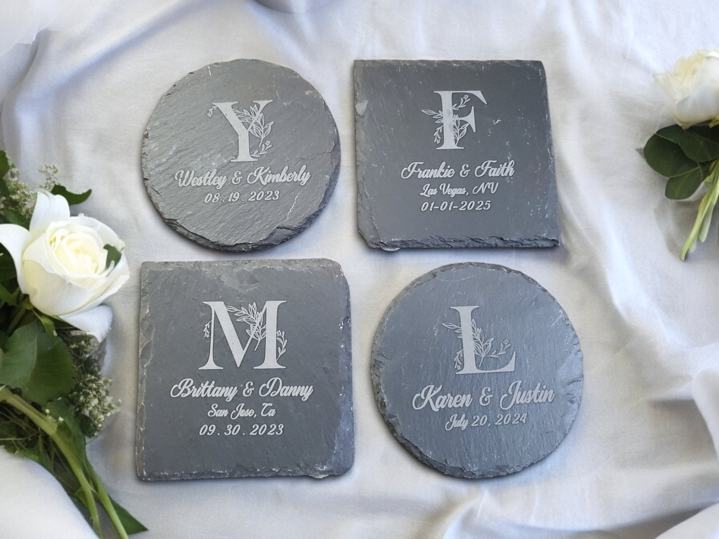 Wedding Coasters, Engraved Slate Coasters, Monogram & Personalized Text, Married Couple Gift Or Wedding Guest Favors