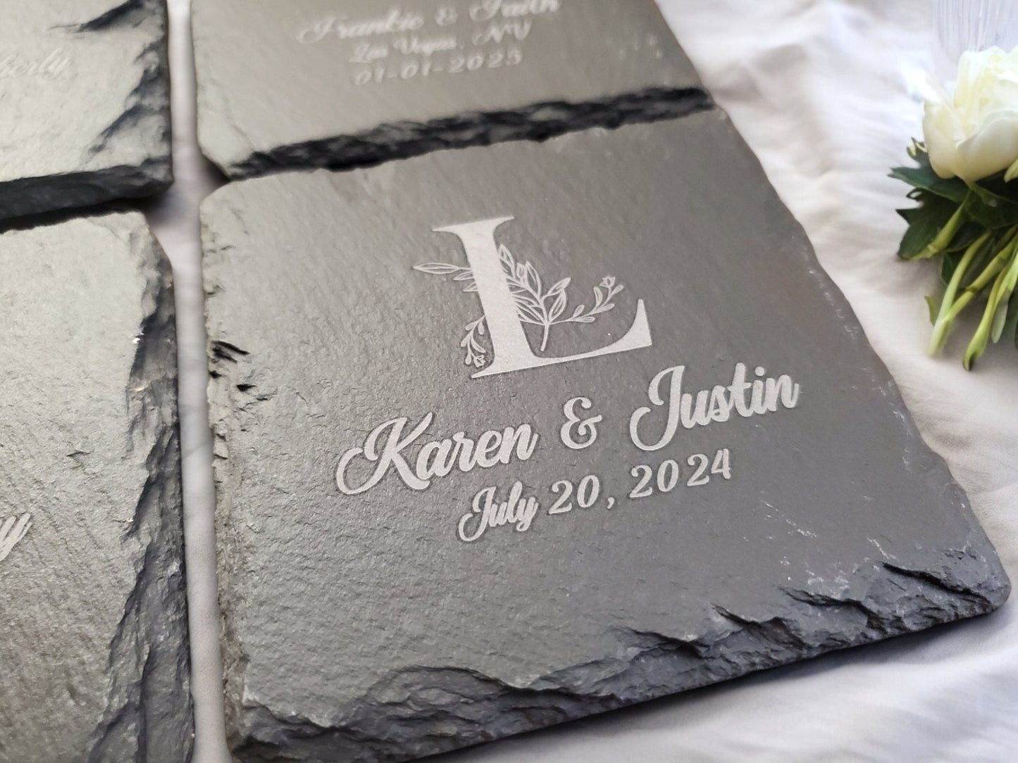 Wedding Coasters, Engraved Slate Coasters, Monogram & Personalized Text, Married Couple Gift Or Wedding Guest Favors