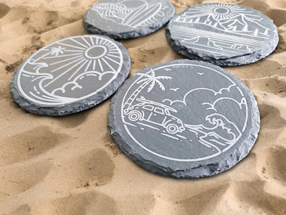 Beach Vibe Coasters, Circular Beachy Coasters, Monoline, Sunshine, Waves, Ocean, Palm Trees, Surf Boards, Laser Engraved Slate Coasters