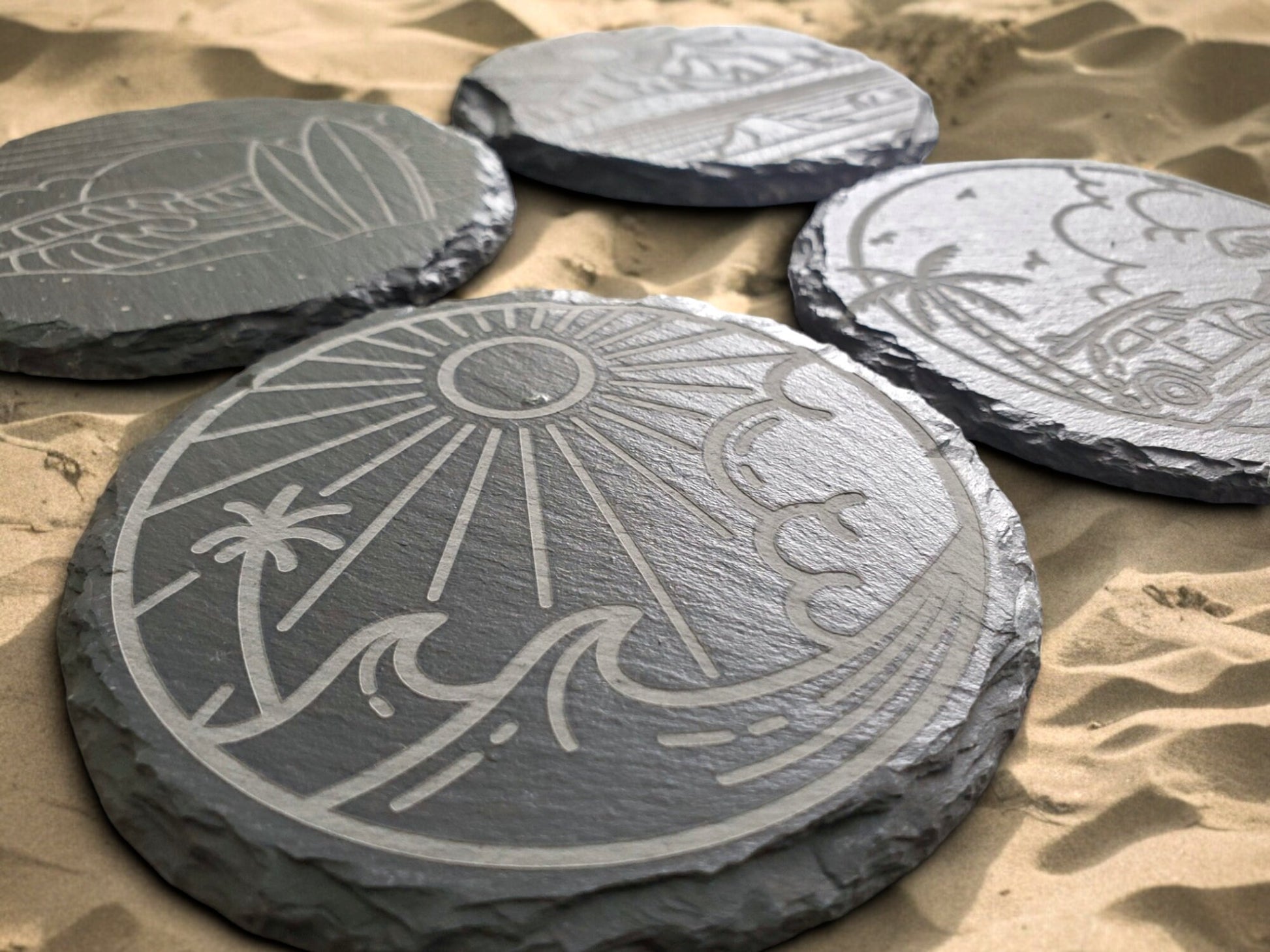 Beach Vibe Coasters, Circular Beachy Coasters, Monoline, Sunshine, Waves, Ocean, Palm Trees, Surf Boards, Laser Engraved Slate Coasters