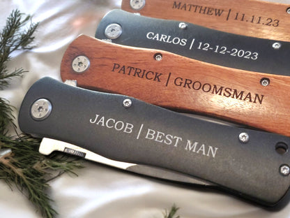 Personalized Groomsman Knife, Laser Engraved Best Man Gift, Groomsmen Proposal Gift, Will You Be My Groomsman, Wood Or Matte Black Knife