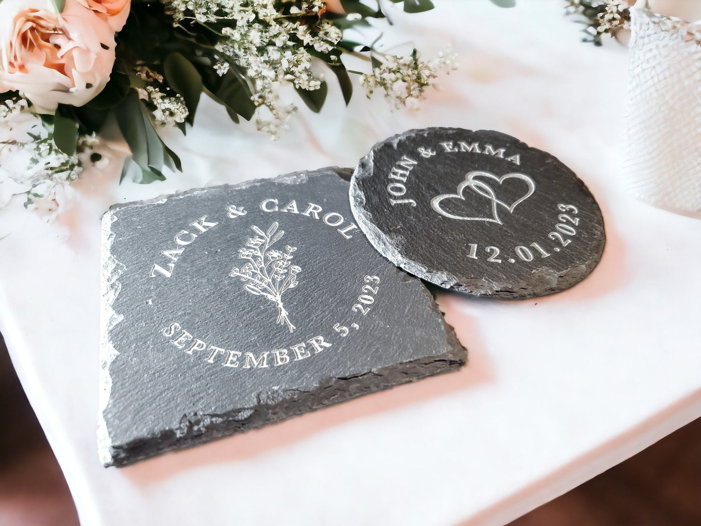 Engraved Slate Coasters, Wedding Favors, Personalized Slate Stone Coasters, Wedding Guest Favors, Wedding Guest Gifts, Wedding Coaster