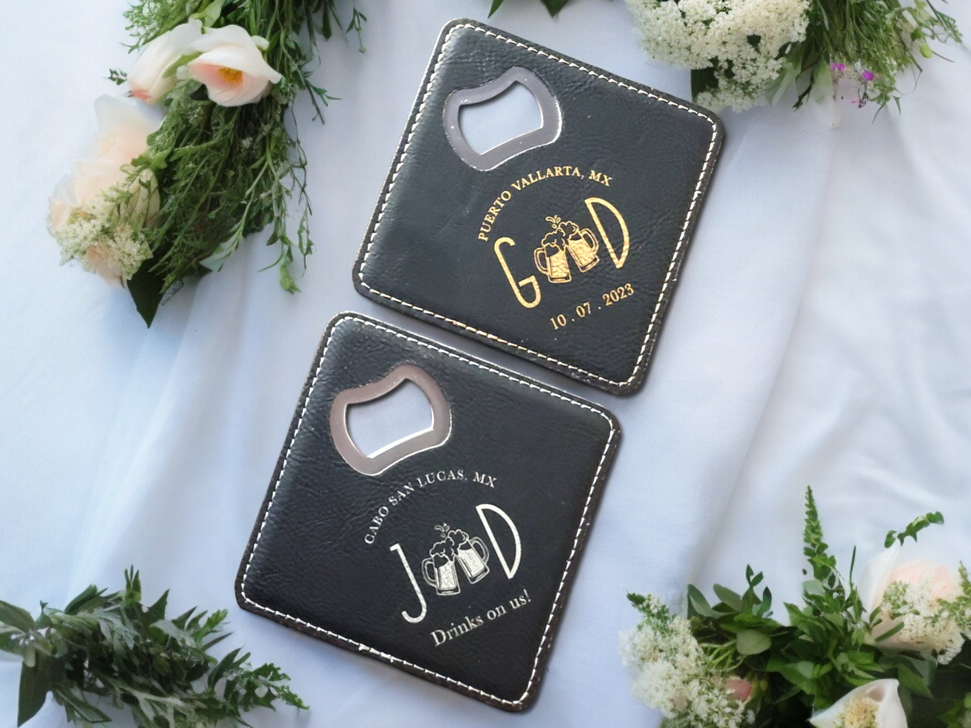 Wedding Favors, Leatherette Bottle Opener Coasters, Custom Wedding Guest Gifts