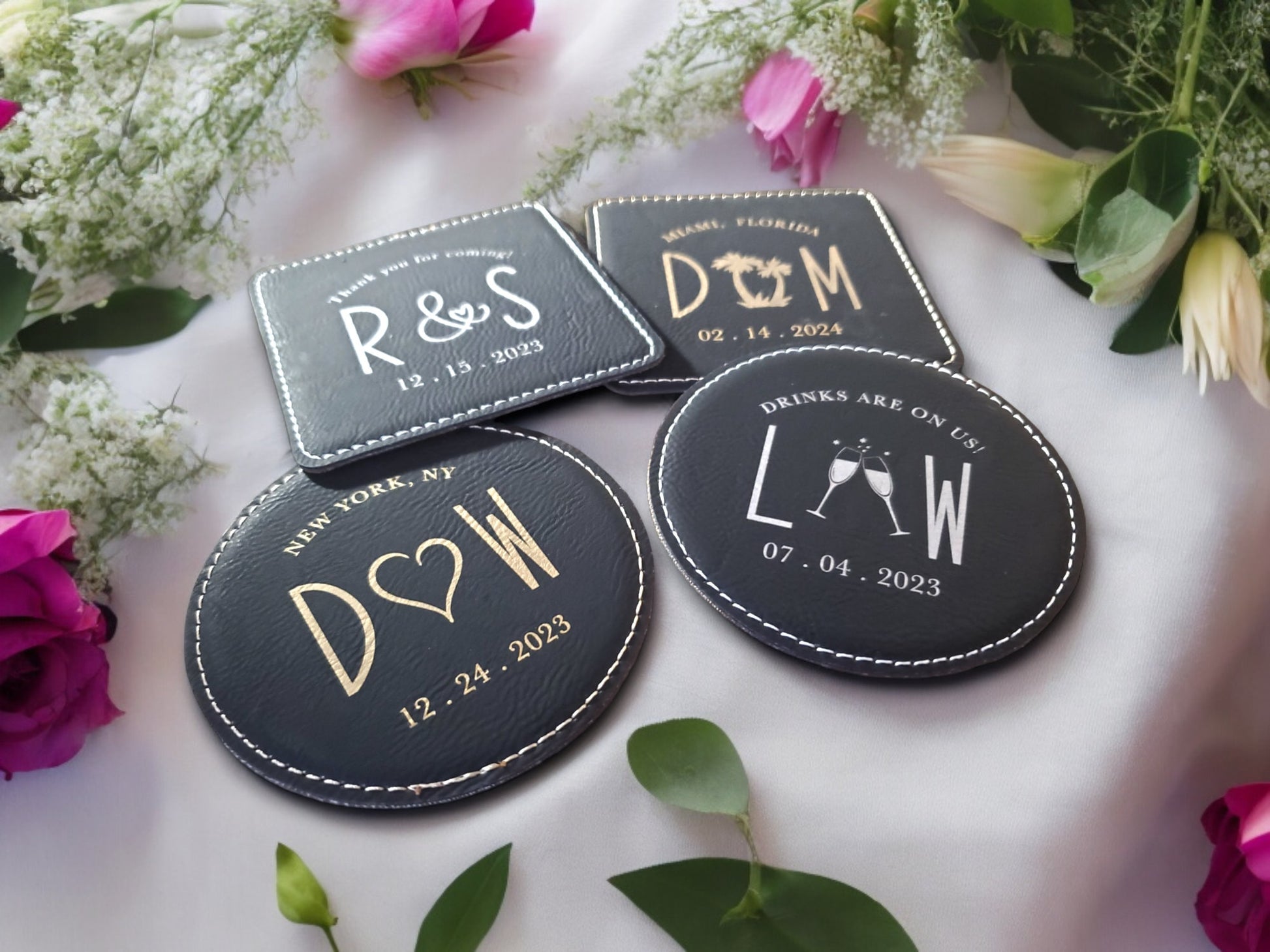 Gold & Silver Coasters, Wedding Favors, Laser Etched Wedding Coasters, Wedding Guest Favors, Wedding Guest Gifts, Leatherette Coasters