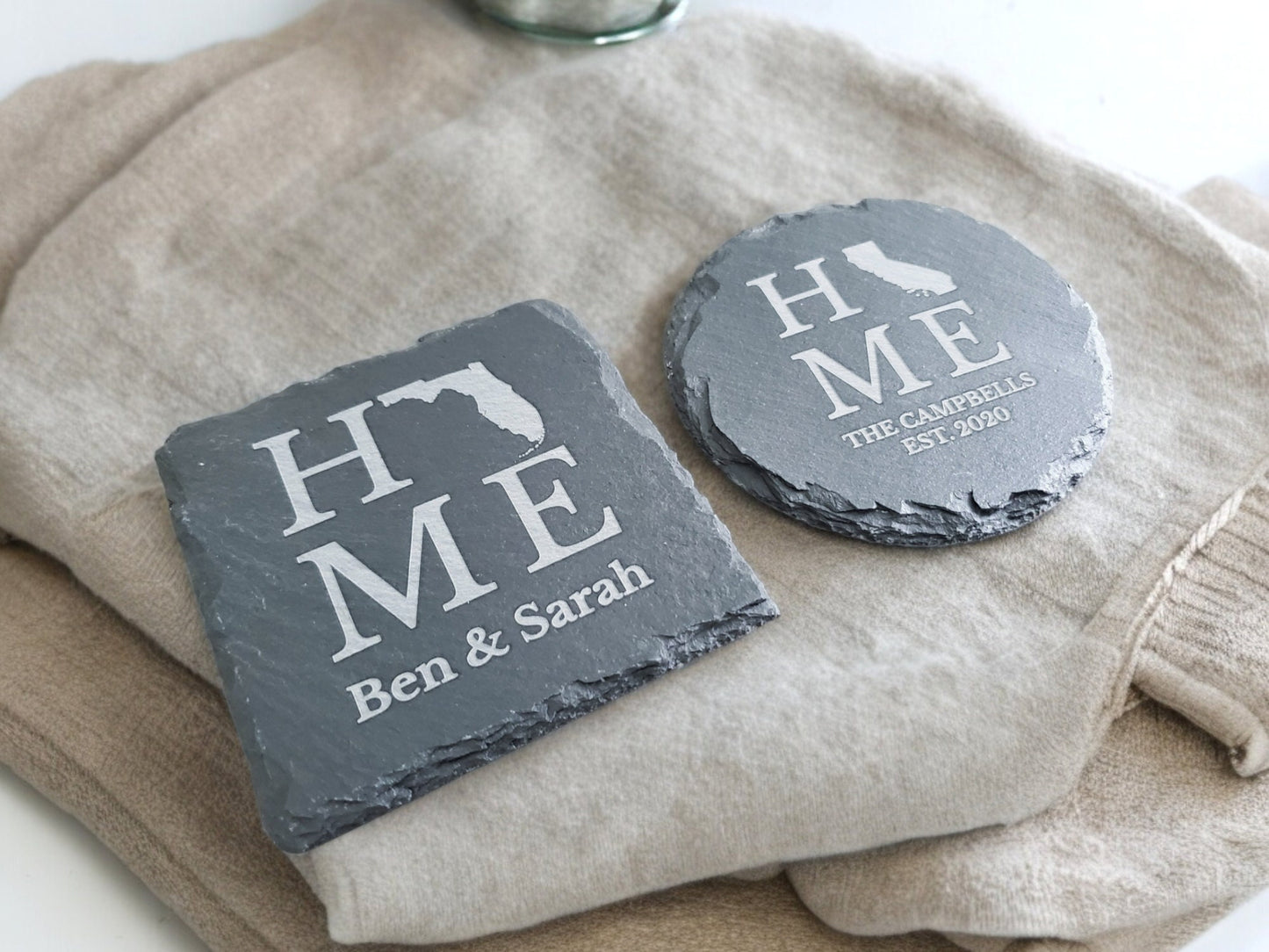 Custom Engraved HOME State Drink Coasters With Personalized Text, Slate Coaster, Great Housewarming Gift