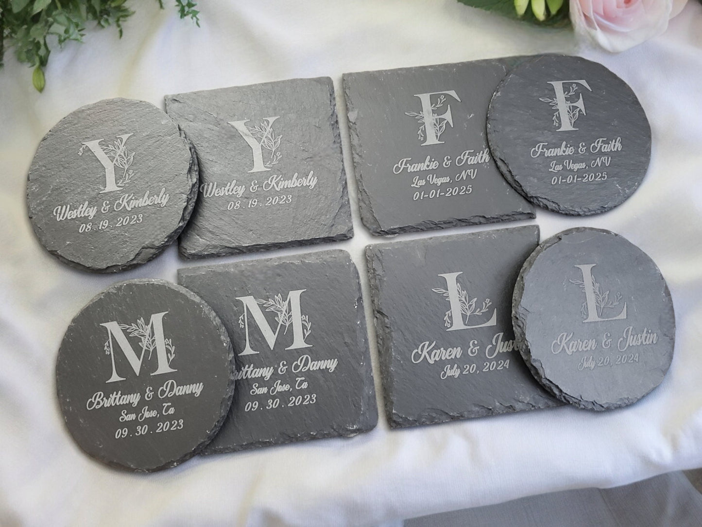 Wedding Coasters, Engraved Slate Coasters, Monogram & Personalized Text, Married Couple Gift Or Wedding Guest Favors