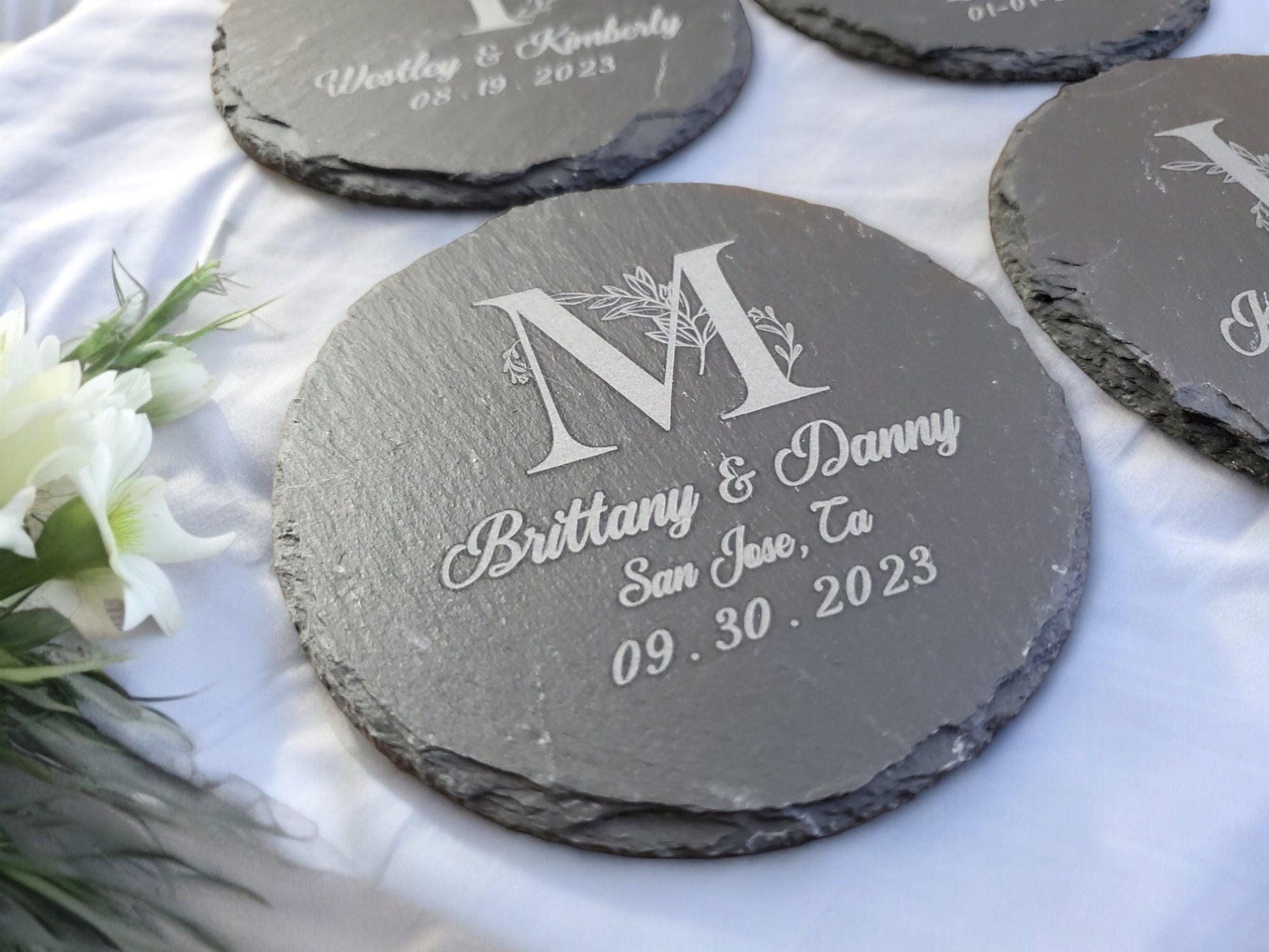 Wedding Coasters, Engraved Slate Coasters, Monogram & Personalized Text, Married Couple Gift Or Wedding Guest Favors