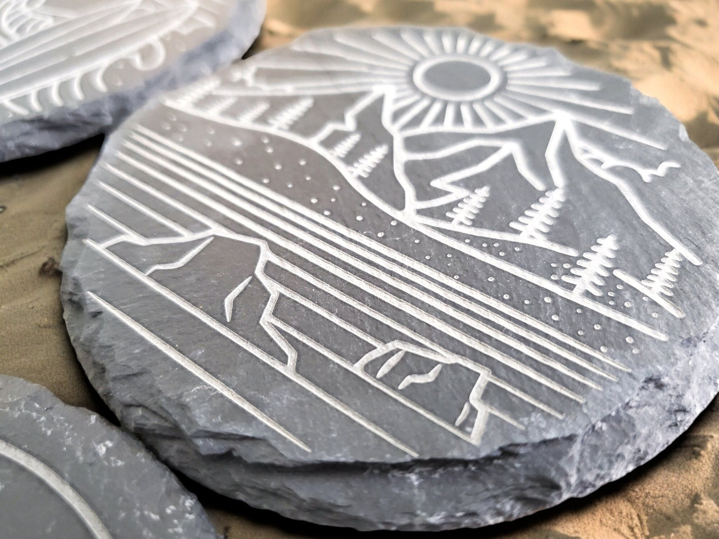 Beach Vibe Coasters, Circular Beachy Coasters, Monoline, Sunshine, Waves, Ocean, Palm Trees, Surf Boards, Laser Engraved Slate Coasters