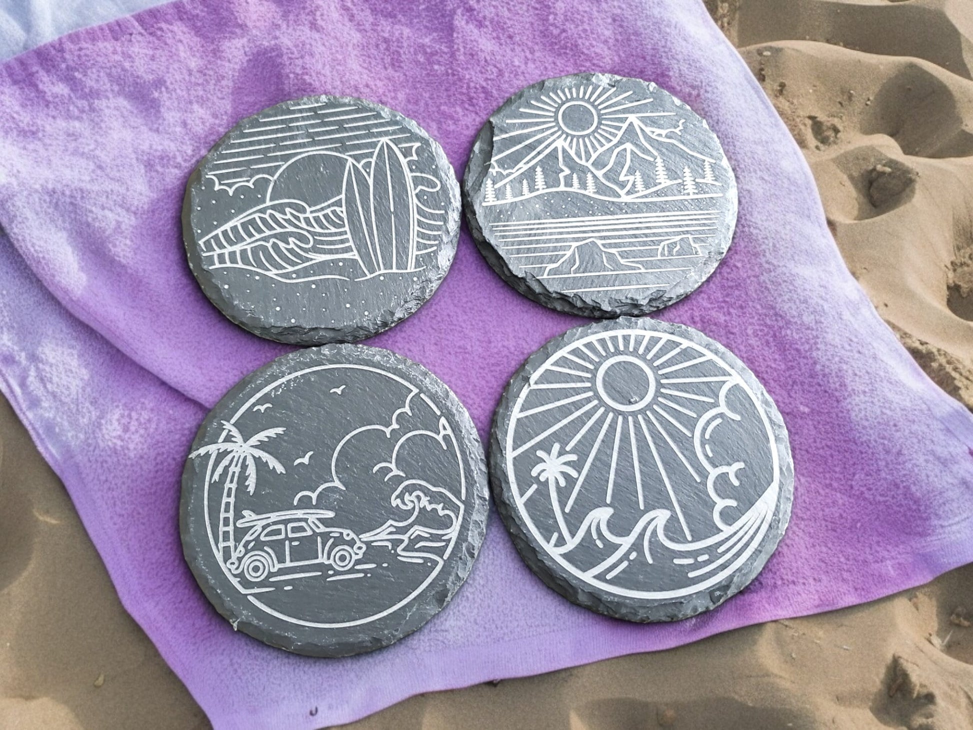 Beach Vibe Coasters, Circular Beachy Coasters, Monoline, Sunshine, Waves, Ocean, Palm Trees, Surf Boards, Laser Engraved Slate Coasters