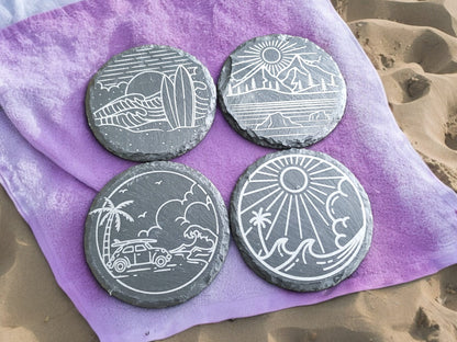 Beach Vibe Coasters, Circular Beachy Coasters, Monoline, Sunshine, Waves, Ocean, Palm Trees, Surf Boards, Laser Engraved Slate Coasters