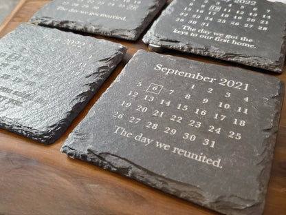 Custom Calendar Coasters, Engraved Slate Stone Coasters, Special Date Coasters, Couples Gifts, Gifts For Her, Day We First Met, Wedding Date