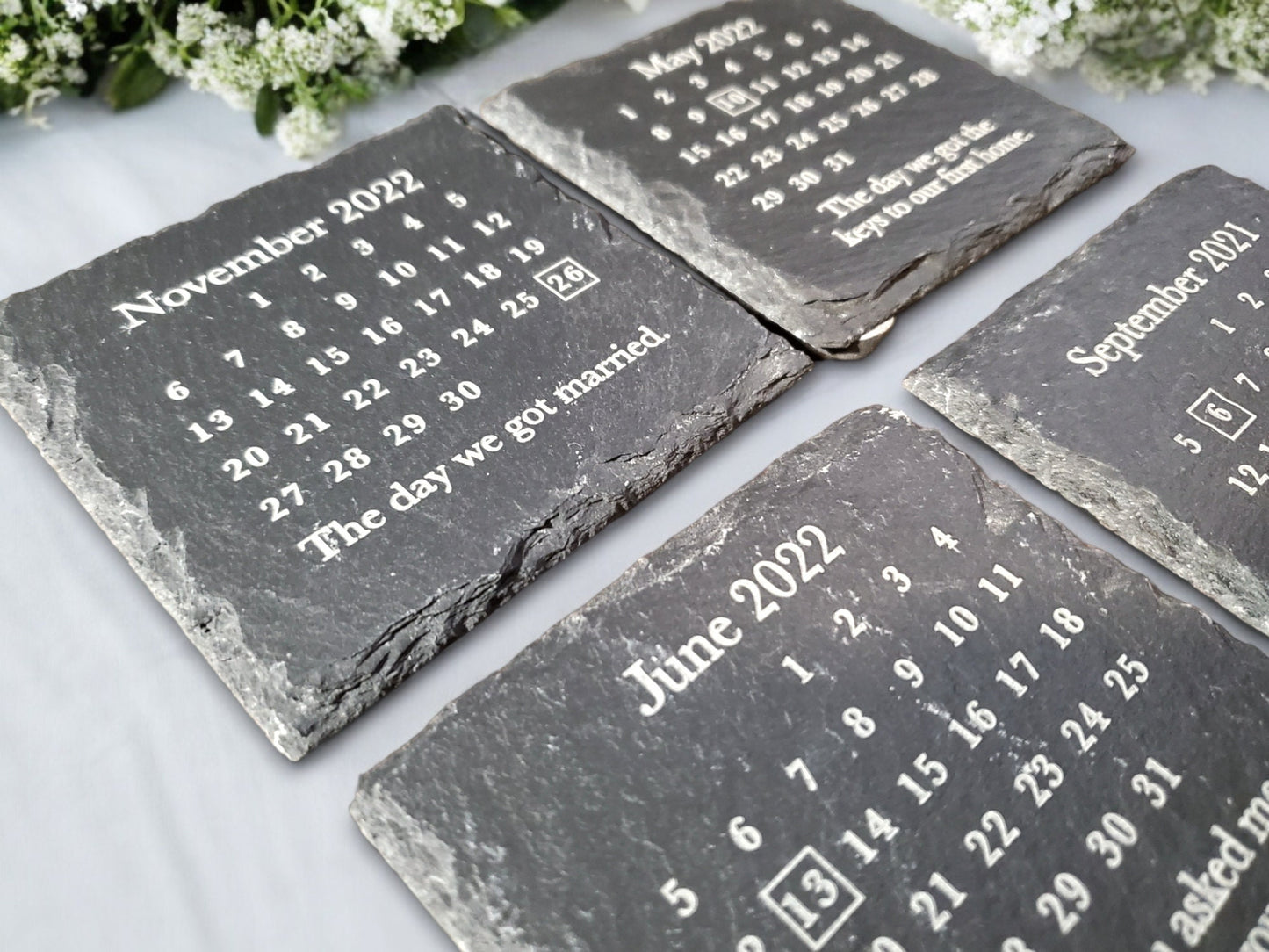 Custom Calendar Coasters, Engraved Slate Stone Coasters, Special Date Coasters, Couples Gifts, Gifts For Her, Day We First Met, Wedding Date