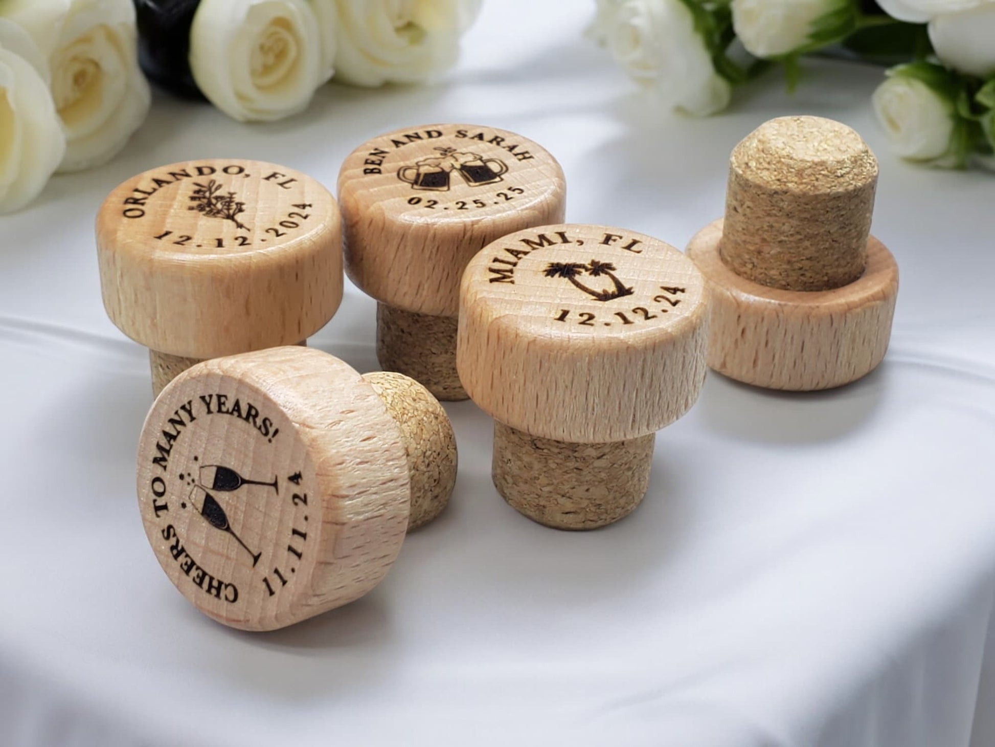 Personalized Wine Stopper Wedding Favor, Cork Wine Stopper With Custom Laser Engraved Wood Top, 19.75mm Snugly Fits Standard Wine Bottles