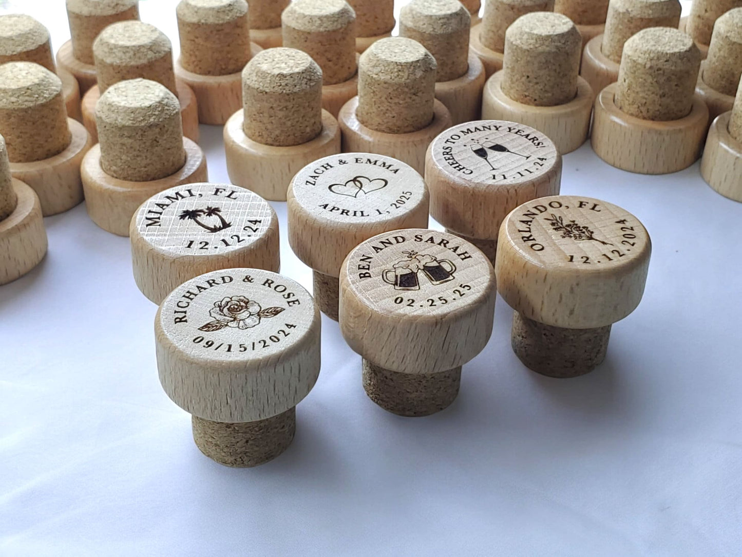 Personalized Wine Stopper Wedding Favor, Cork Wine Stopper With Custom Laser Engraved Wood Top, 19.75mm Snugly Fits Standard Wine Bottles