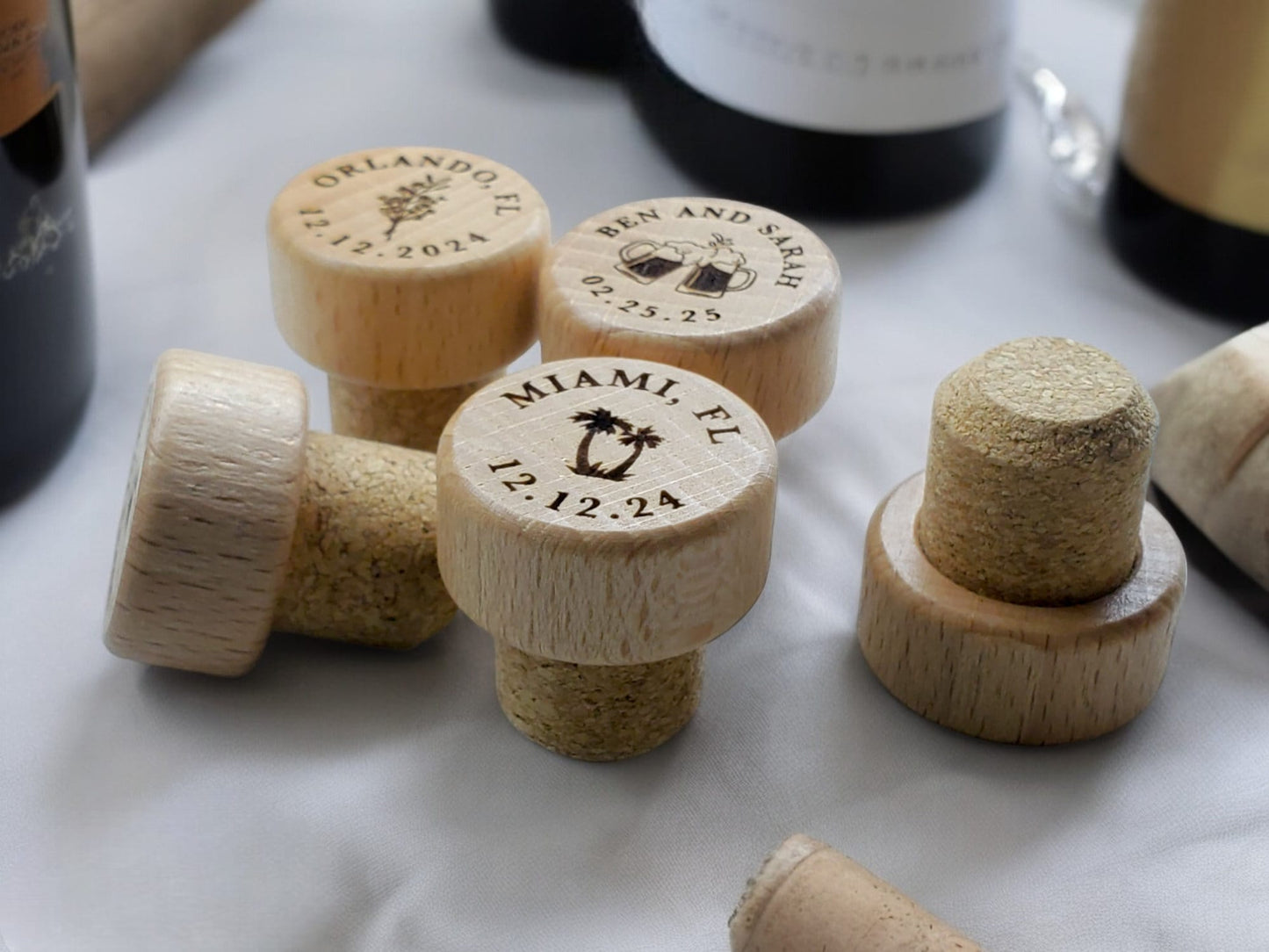 Personalized Wine Stopper Wedding Favor, Cork Wine Stopper With Custom Laser Engraved Wood Top, 19.75mm Snugly Fits Standard Wine Bottles