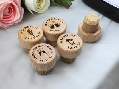 Personalized Wine Stopper Wedding Favor, Cork Wine Stopper With Custom Laser Engraved Wood Top, 19.75mm Snugly Fits Standard Wine Bottles