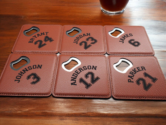 Engraved Basketball Bottle Opener Coasters, Leatherette That Looks And Feels Like A Basketball, Perfect Gift For Basketball Players And Fans