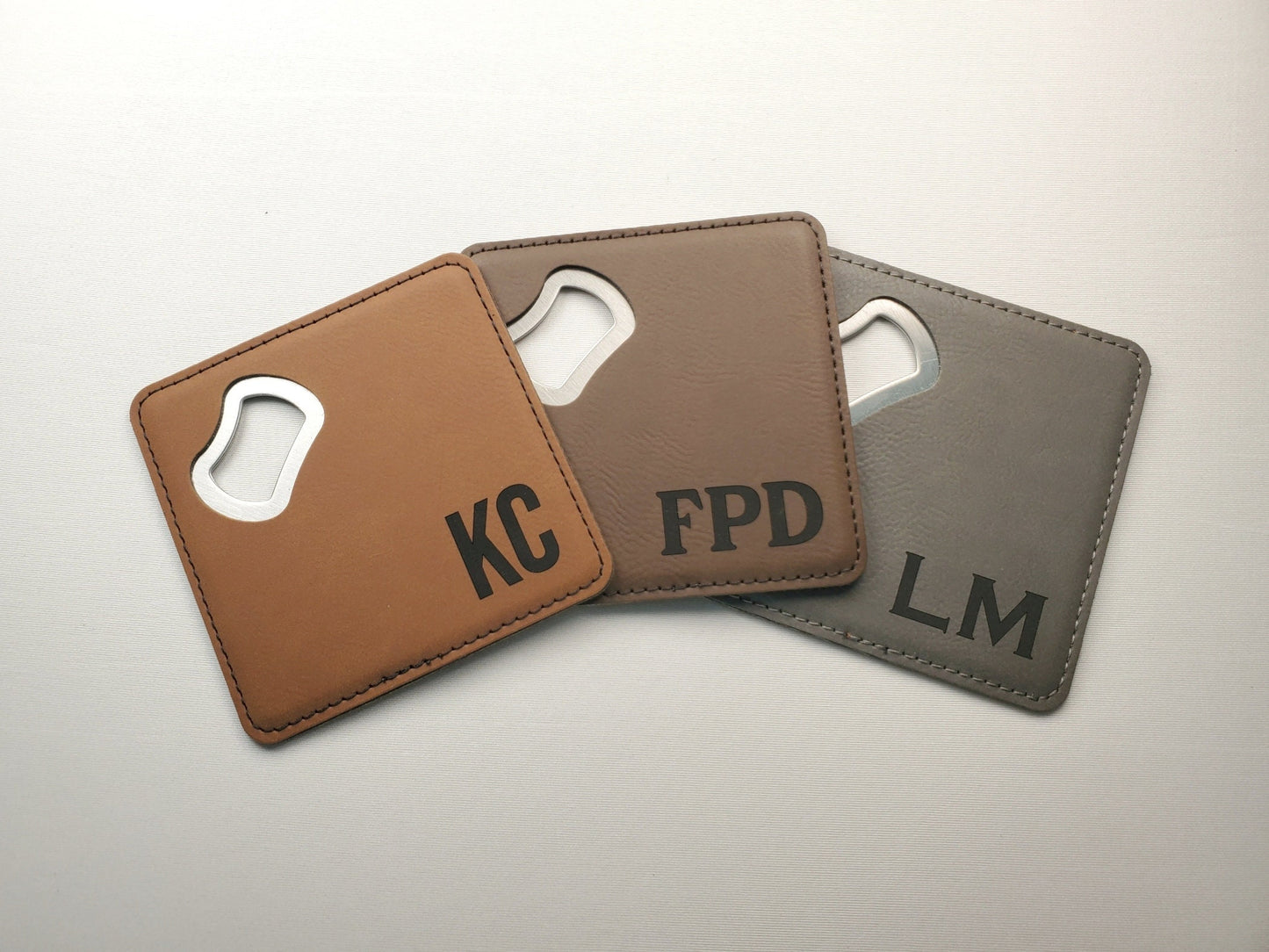 Personalized Laser Engraved Bottle Opener Coasters, Dual-Use Coaster & Bottle Opener, Customize With Initials, Leatherette Wrapped Steel