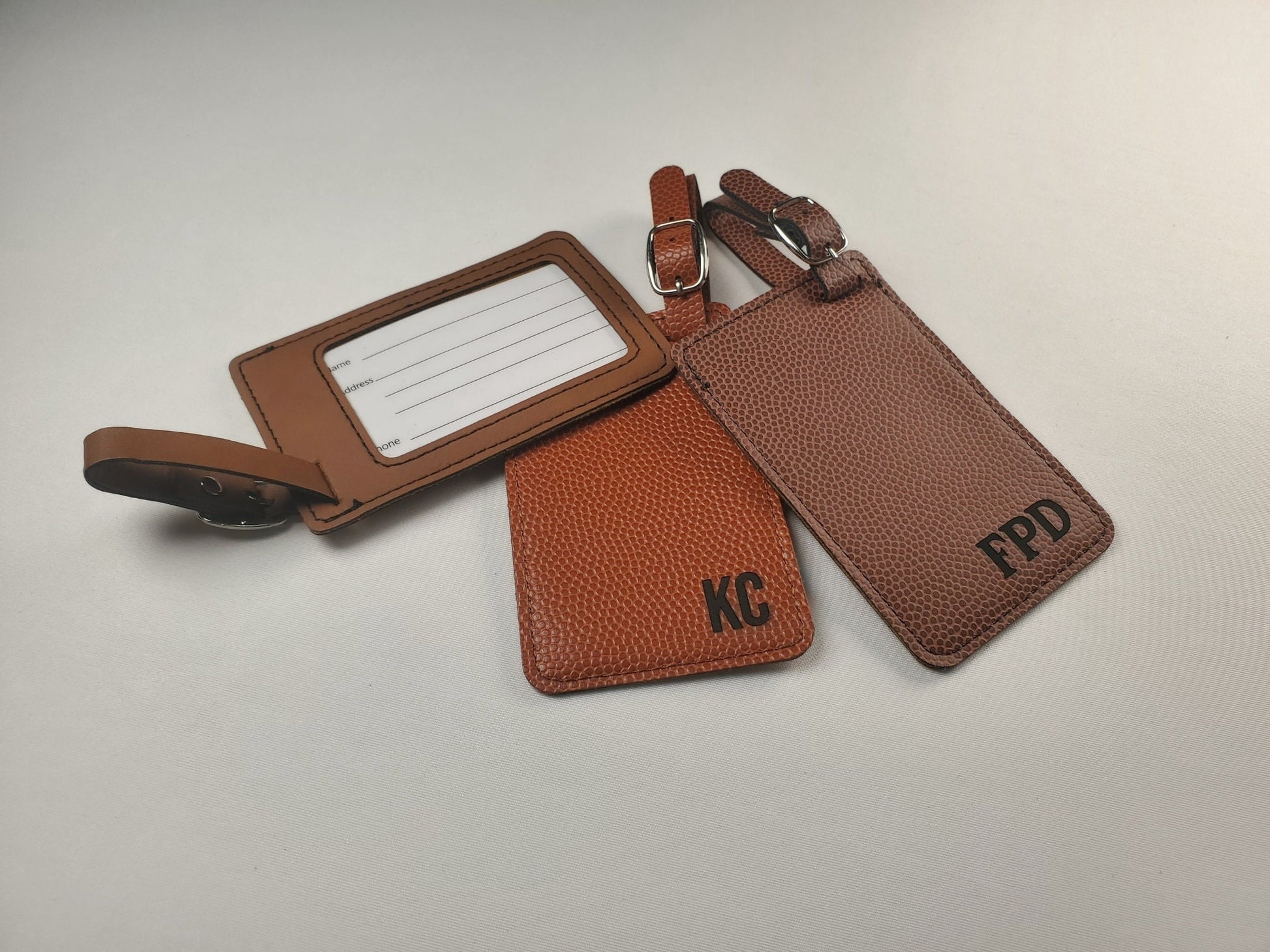 Engraved Luggage Tags 4 1/4" x 2 3/4", Personalized Leatherette Travel Bag Tag With Initials, Choose Font/Color, Faux Leather Suitcase Tag