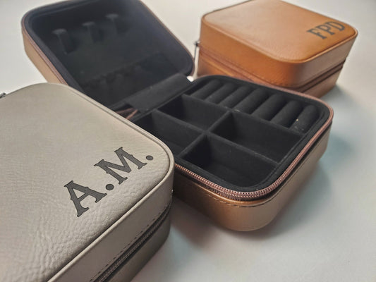 Personalized Travel Jewelry Box, Laser Engraved Leatherette Jewelry Box 4" x 4" x 2", Leather Color Choice & Tan/Black Lining, Gifts For Her