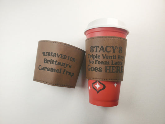 Engraved Coffee Cup Sleeve, Personalized Travel Mug Holder, Personalize With ANY Text, Fits Hot Or Cold Coffee Shop Cups, Brown Faux Leather