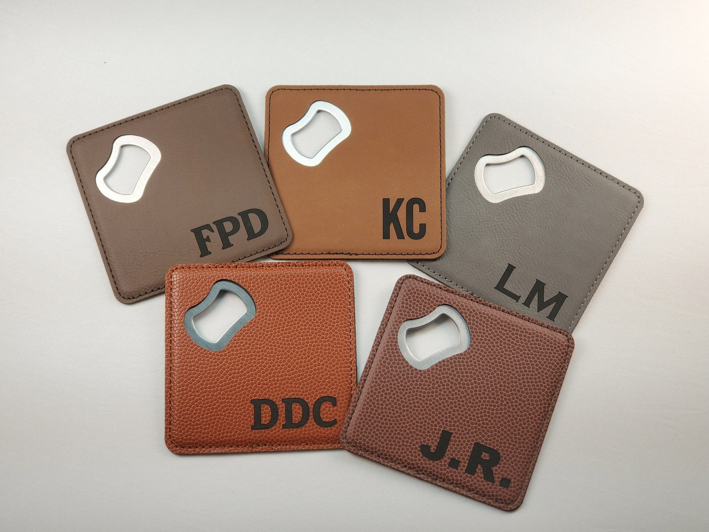 Personalized Laser Engraved Bottle Opener Coasters, Dual-Use Coaster & Bottle Opener, Customize With Initials, Leatherette Wrapped Steel