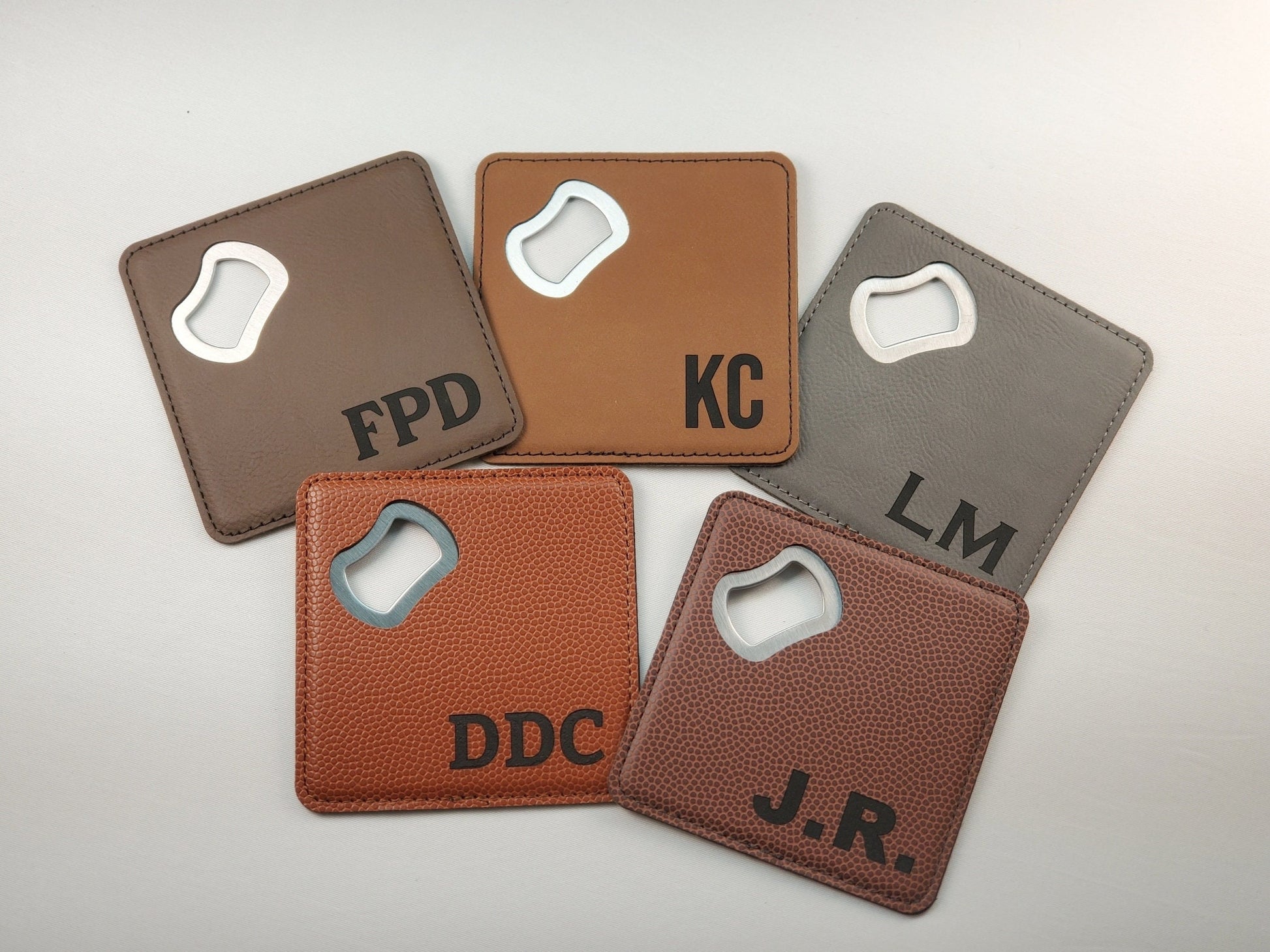 Personalized Laser Engraved Bottle Opener Coasters, Dual-Use Coaster & Bottle Opener, Customize With Initials, Leatherette Wrapped Steel