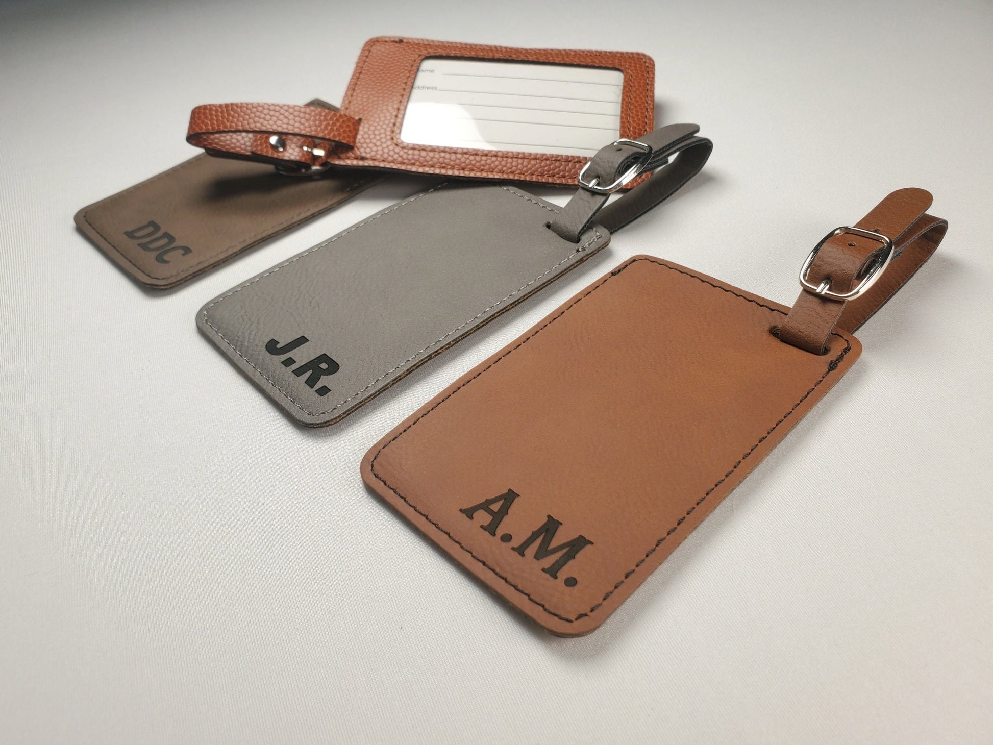 Engraved Luggage Tags 4 1/4" x 2 3/4", Personalized Leatherette Travel Bag Tag With Initials, Choose Font/Color, Faux Leather Suitcase Tag