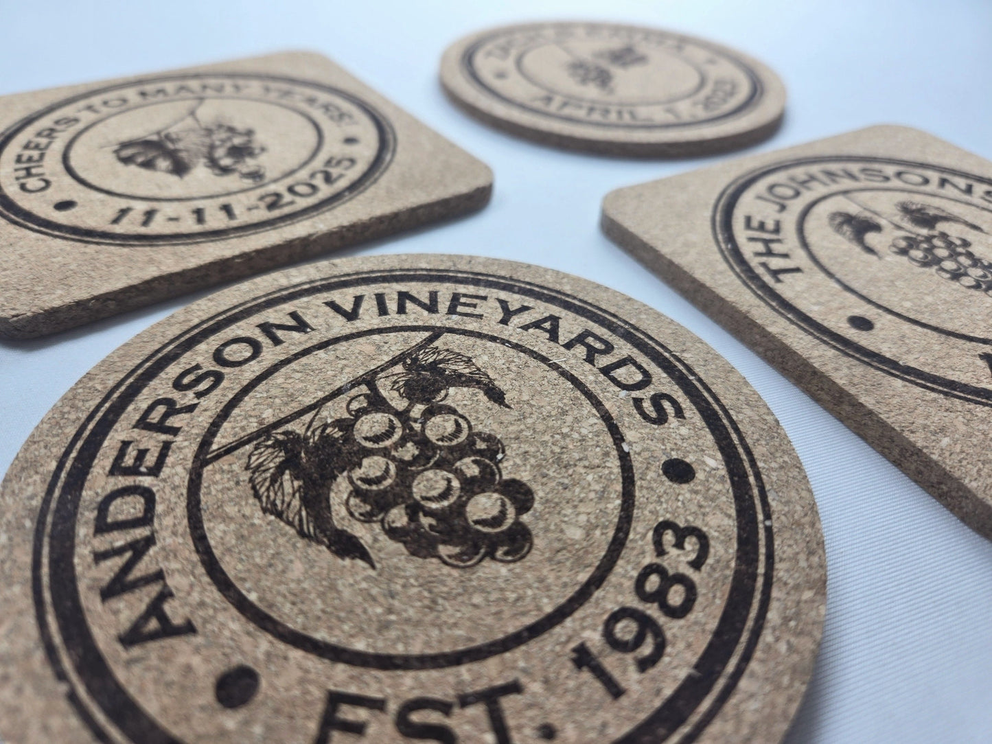 Personalized Cork Coaster Wedding Favor, Grape Vines, Laser Engraved Cork Coaster, Wine Lovers, Vineyard, Winery, Round Or Square Coasters